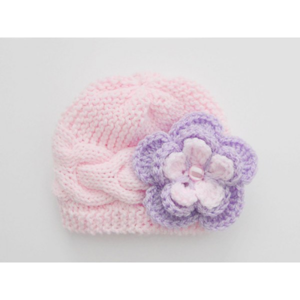 Babyhug 100% Cotton Knit Cap Floral Printed with Bow Applique- Pink main image 1